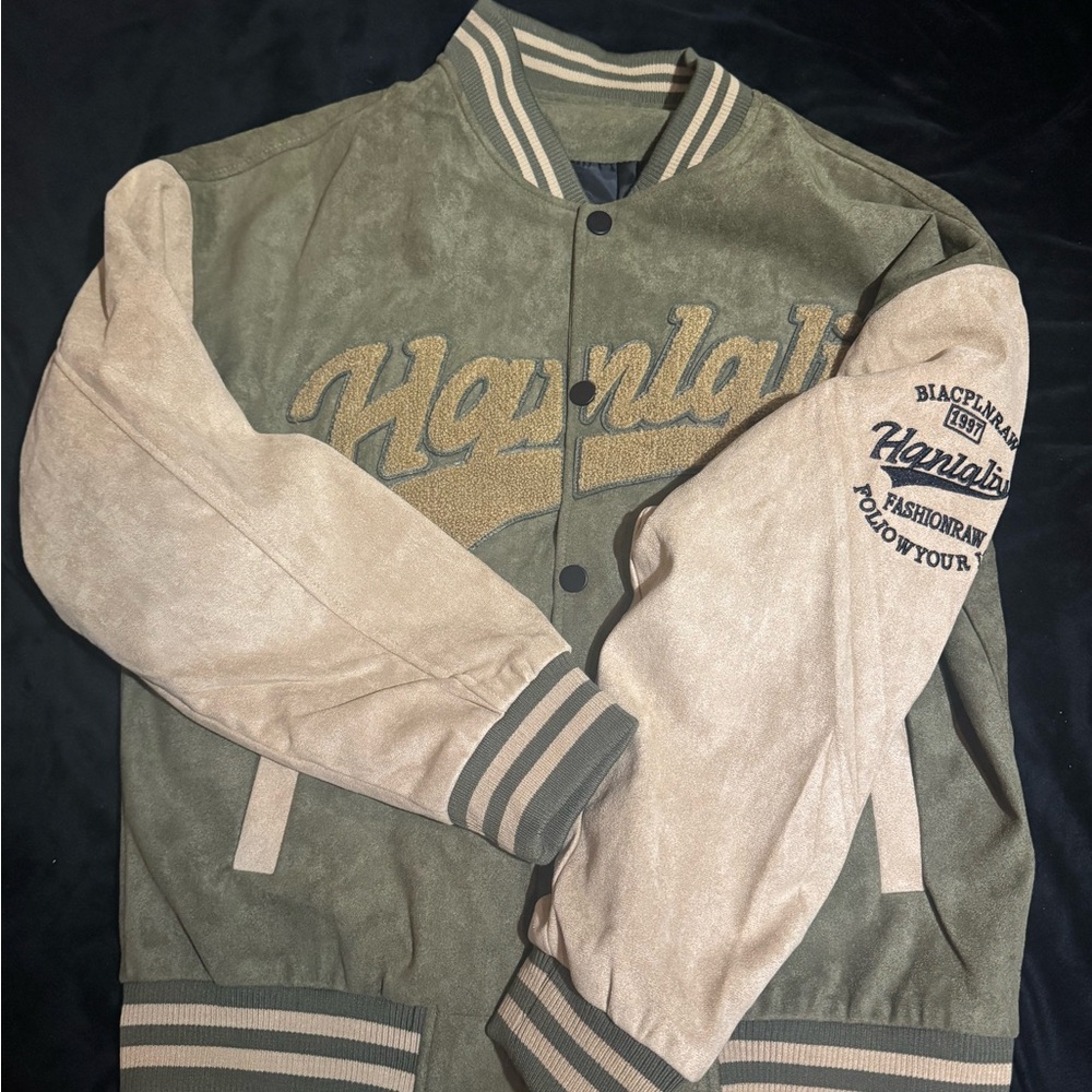 SHEIN Green and Cream Varsity Jacket